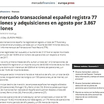 El mercado transaccional espaol registra 77 fusiones y adquisiciones en agosto por 3.867 millones